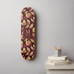 Red Maroon Gold Glitter Autumn Leaves Pattern Skateboard