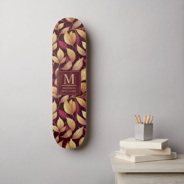 Red Maroon Gold Glitter Autumn Leaves Pattern Skateboard (Wall Art)