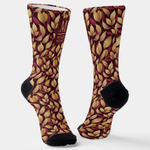 Red Maroon Gold Glitter Autumn Leaves Pattern Socks
