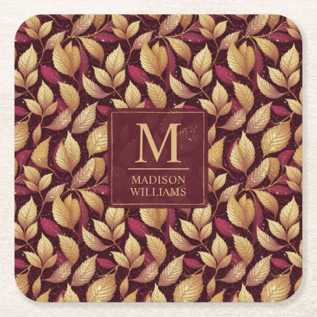 Red Maroon Gold Glitter Autumn Leaves Pattern Square Paper Coaster (Front)