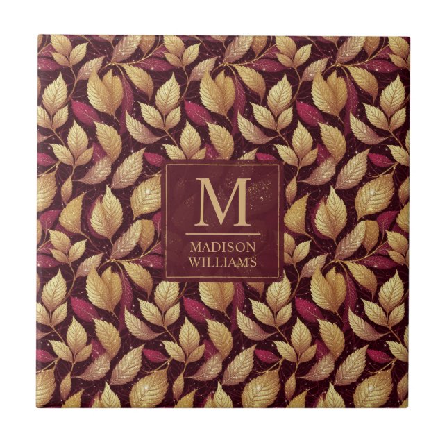 Red Maroon Gold Glitter Autumn Leaves Pattern Tile (Front)