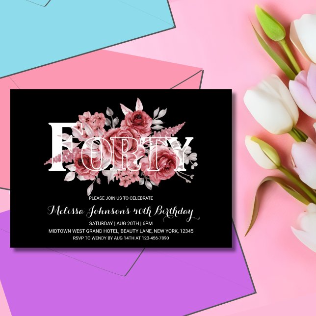 Red Maroon Greenery Floral 40th Black Birthday Invitation (Creator Uploaded)