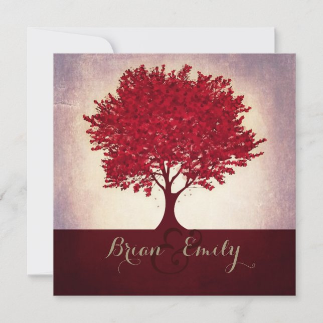 Red maroon heart leaves tree wedding invitations (Front)