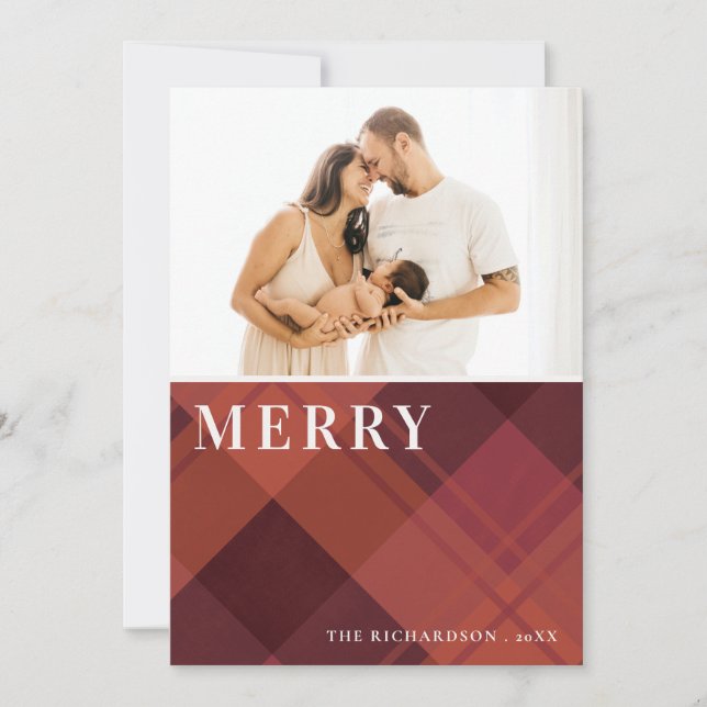Red Maroon Marsala Plaid 1 Photo Merry Christmas Holiday Card (Front)