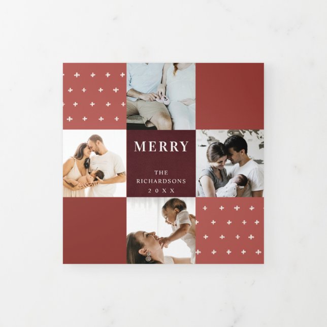 Red Maroon Plaid 7 Photo Cross Merry Christmas Tri-Fold Holiday Card (Cover)