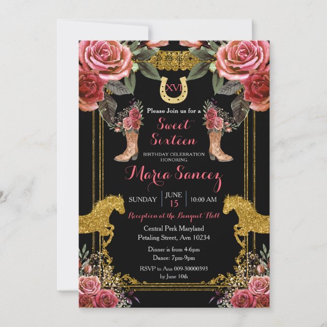 Red Maroon Sweet Sixteen Horse Charra Birthday  Invitation (Front)
