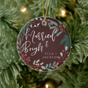 Red Married and Bright First Christmas Botanical Ceramic Tree Decoration