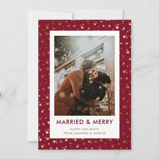 Red Married and Merry Newlywed Photo Holiday Card (Front)