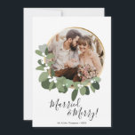 Red Married and Merry Photo wreath 1st Christmas Holiday Card<br><div class="desc">Personalize this Christmas flat card with your favorite wedding photo. Featuring my modern greenery wreath ring with a modern script font for "Married and Merry". Announce your wedding with a special card from your 1st (first) Christmas together, include a heartfelt message to family and friends for their love and support....</div>