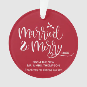 Red Married and Merry wedding photo favour Ornament