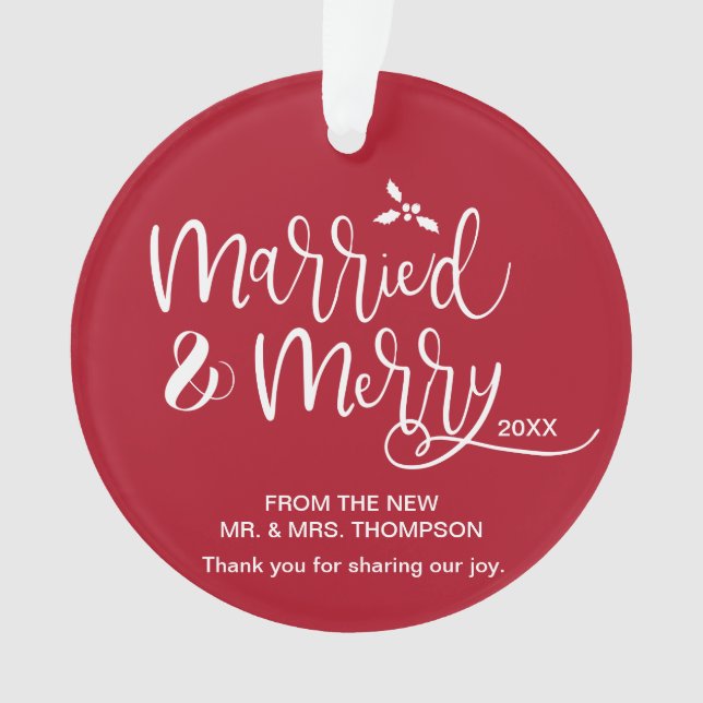 Red Married and Merry wedding photo favour Ornament (Front)