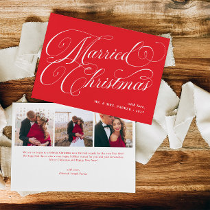 Red Married Christmas Photo Grid and Calligraphy Holiday Card