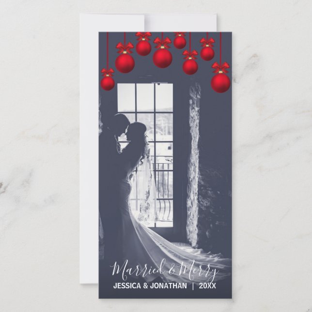 Red MARRIED & MERRY First Christmas | Add PHOTO Holiday Card (Front)