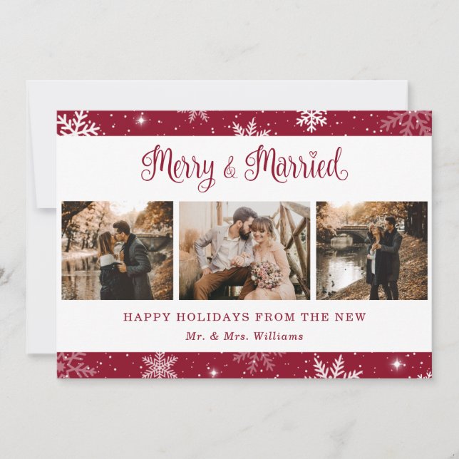 Red Married Newlywed Snowflake Photo Holiday Card (Front)