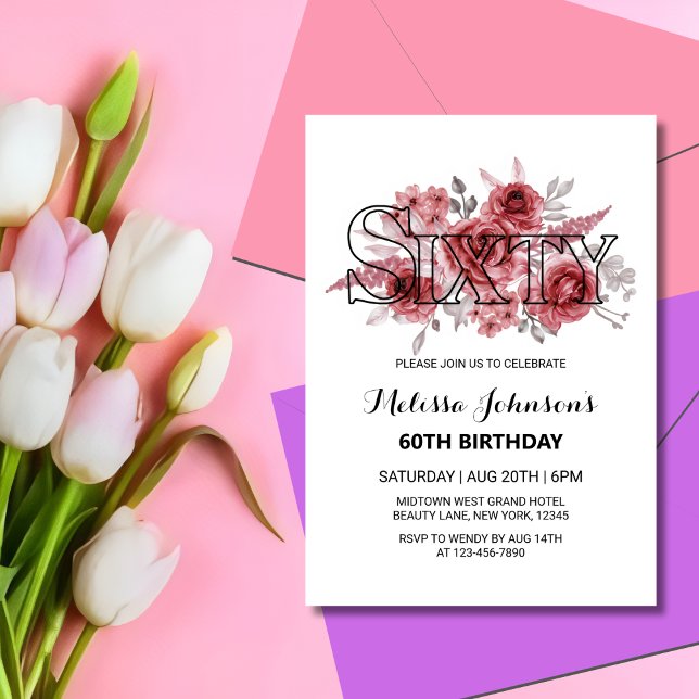 Red Marron Rose Greenery Floral 60th Birthday Invitation (Creator Uploaded)