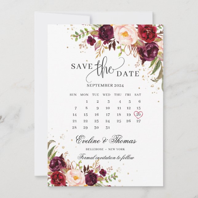 Red marsala blush burgundy pink floral gold save the date (Front)