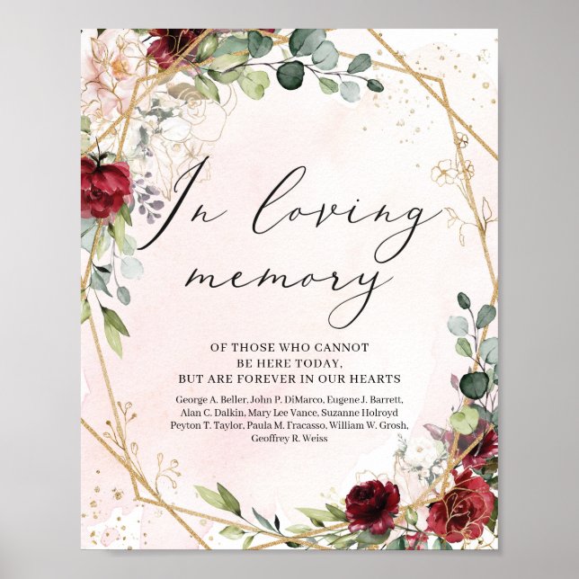 Red marsala burgundy wedding in loving memory sign (Front)