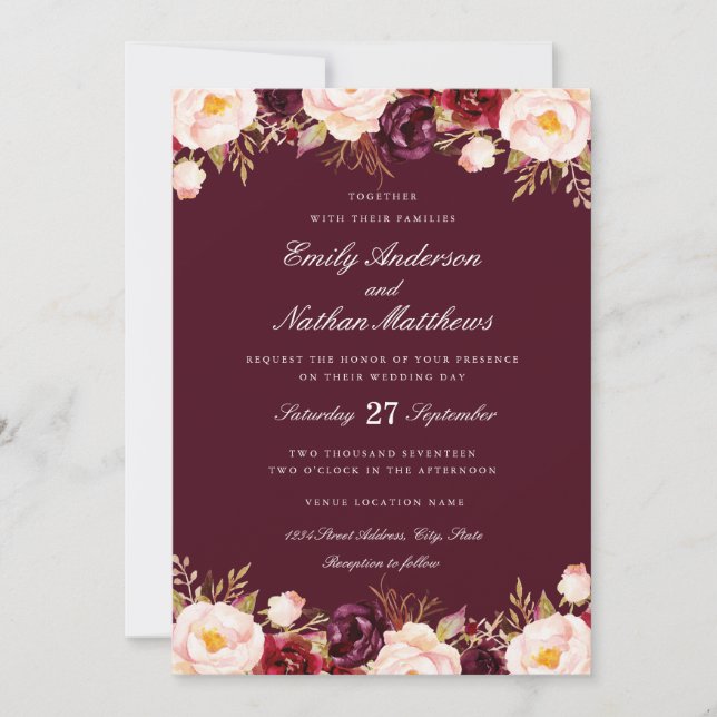 Red Marsala Floral Burgundy Wedding Invitation (Front)