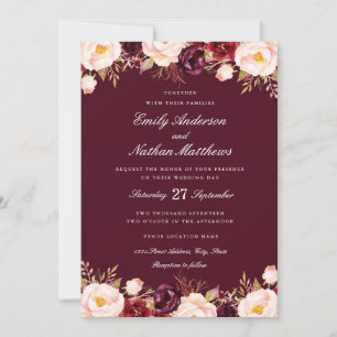 Red Marsala Floral Burgundy Wedding Invitation