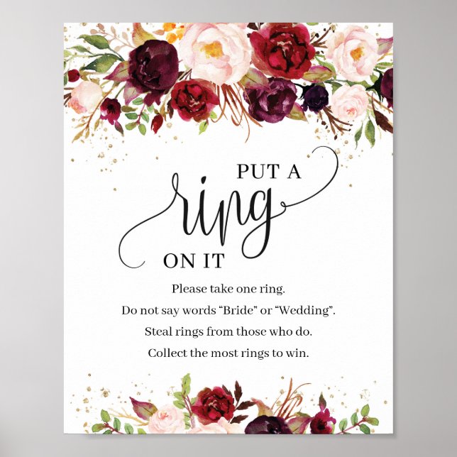 Red marsala floral gold put a ring on it sign game (Front)