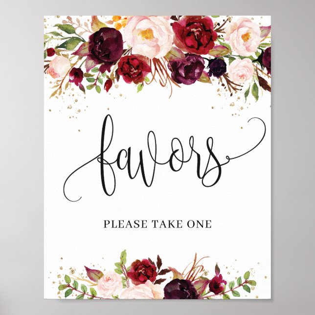 Red marsala floral roses burgundy boho favors sign (Front)