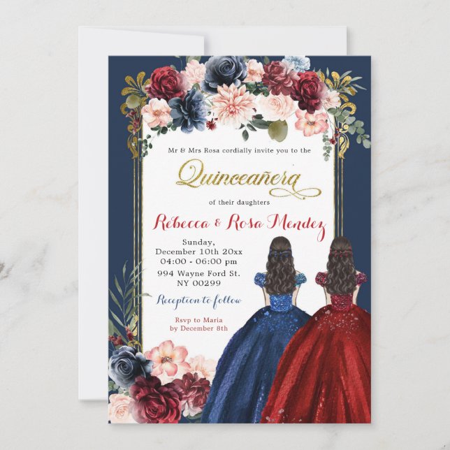 Red Marsala Navy Blue Floral Twins Quinceañera Invitation (Front)