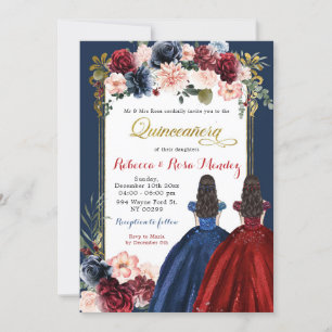 Red Marsala Navy Blue Floral Twins Quinceañera Invitation