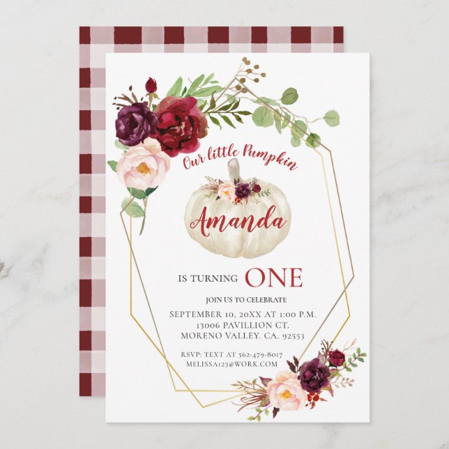 Red Marsala White Pumpkin is Turning One Birthday  Invitation (Front/Back)