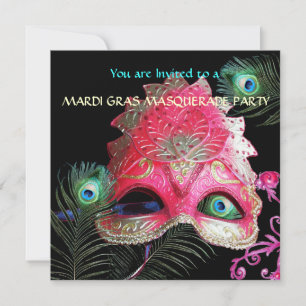 RED MASK WITH  PEACOCK FEATHERS MASQUERADE PARTY INVITATION