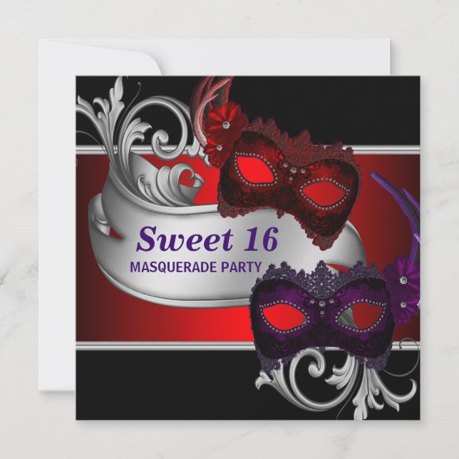 Red Masks Sweet 16 Masquerade Party Invitation (Front)