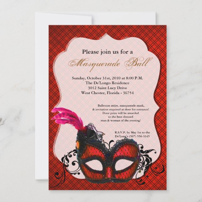 Red Masquerade Mask Ball Costume Halloween Invitation (Front)