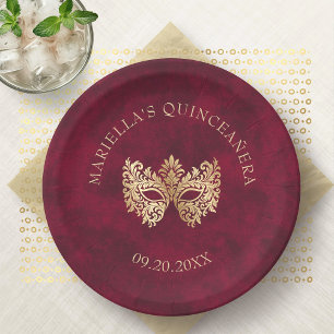 Red Masquerade Mask Elegant Quinceanera Paper Plate