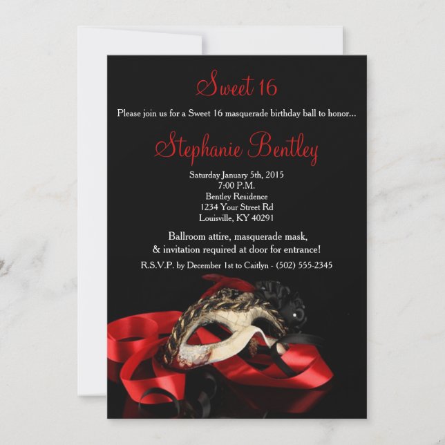 Red Masquerade Sweet 16 Birthday Invitation (Front)