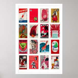 Red Matchbox Labels Grid, Vintage Ephemera Print