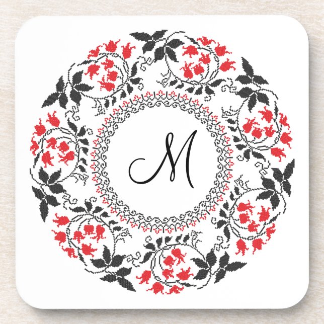 Red May lily ring Personalised Monogram Initial Coaster (Front)