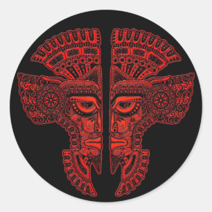 Red Mayan Twins Mask Illusion on Black Classic Round Sticker