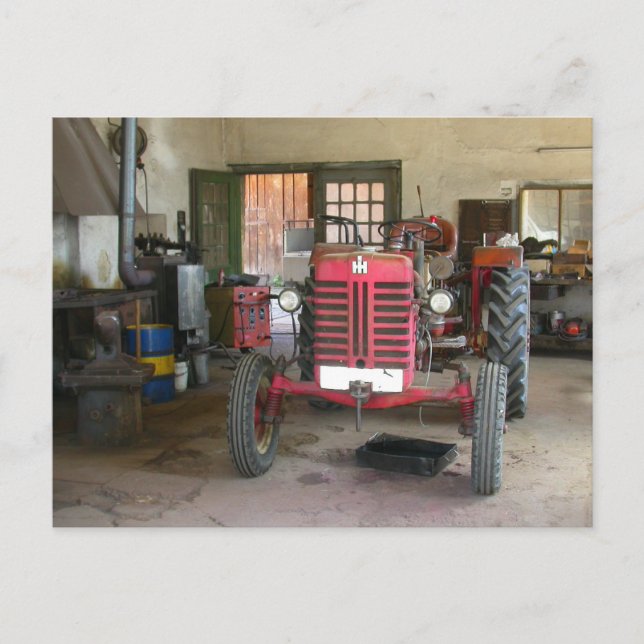 Red McGormick Tractor Postcard (Front)