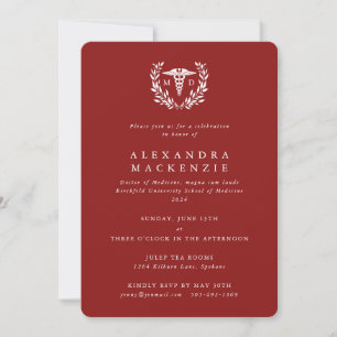 Red MD Caduceus+Laurel Wreath Graduation Invitation