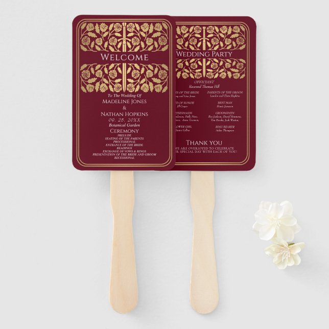 Red Mediaeval Gold Sword Royal Wedding Program Hand Fan (Front and Back)