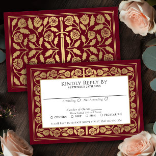 Red Mediaeval Gold Sword Royal Wedding RSVP Card