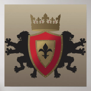 Red Mediaeval Lion Heraldry Poster