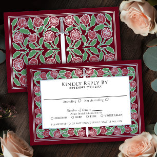 Red Mediaeval Silver Floral Sword Royal Wedding RSVP Card