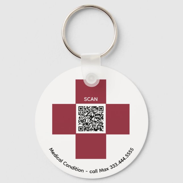 *~* Red Medical Alert ICE QR AP38 Cross  Key Ring (Front)