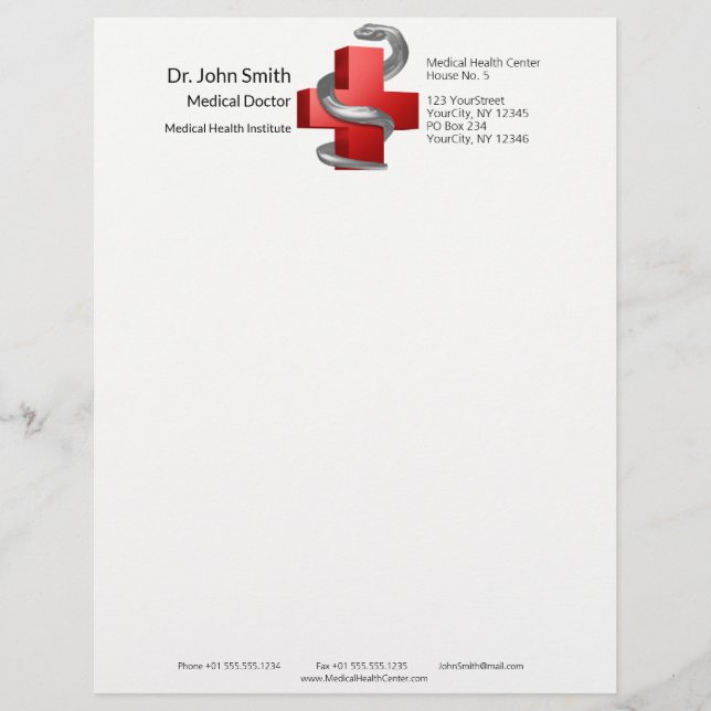 Red Medical Cross Silver Serpent Symbol Snake Custom Letterhead (Front)