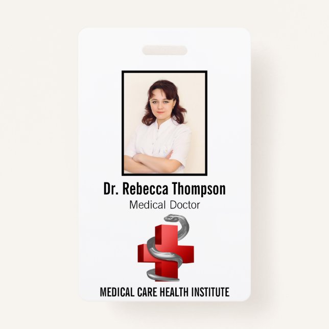 Red Medical Cross Silver Symbol Serpent Photo ID ID Badge (Front)