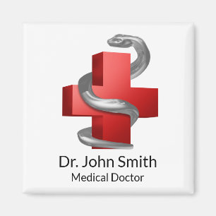 Red Medical Cross Silver Symbol Serpent Snake Magnet