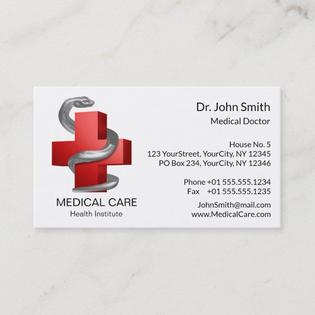 Red Medical Cross Symbol Silver Serpent Snake Business Card (Front)