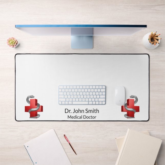 Red Medical Cross Symbol Silver Serpent Snake Desk Mat (Office 1)