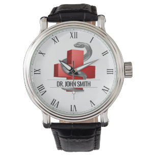 Red Medical Cross Symbol Silver Serpent Snake Name Watch