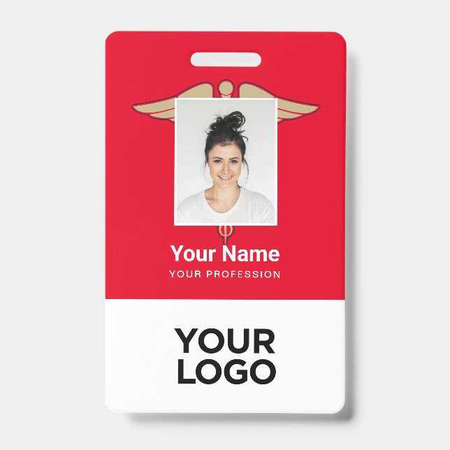Red Medical Employee Doctor Nurse Photo Name ID Badge (Front)